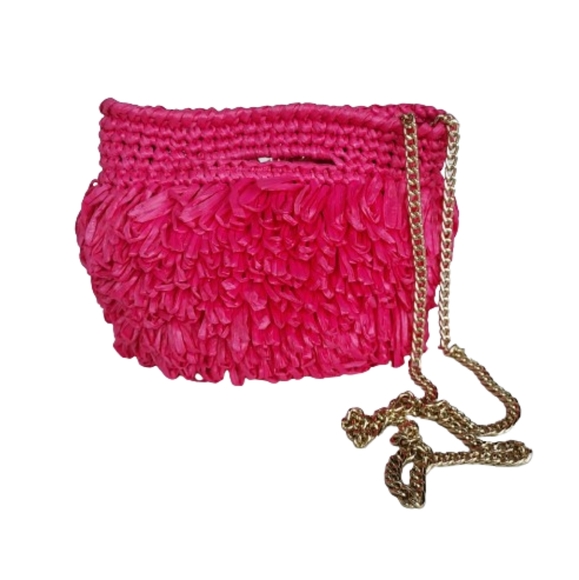 Caterina Bertini Fuschia Pink Looped Raffia Chain  Bag Purse Handbag Crossbody - Picture 2 of 12